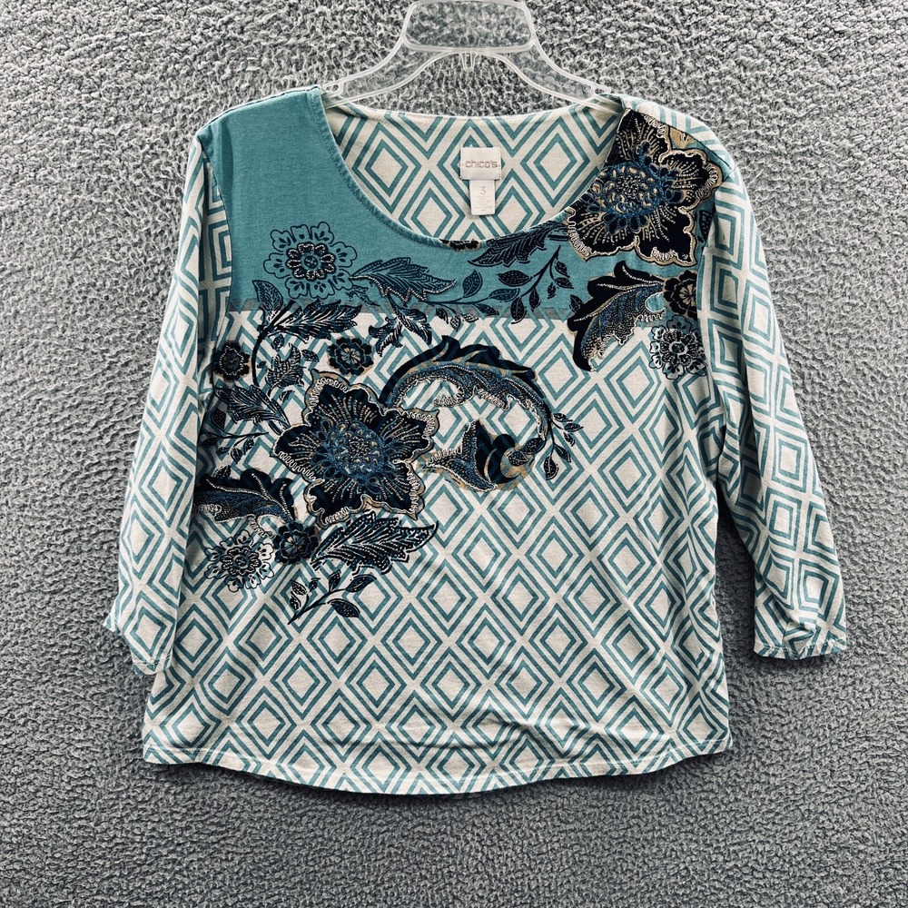 Chicos Womens Artsy Knit Top XL Geometric Floral Embellished Boho Resort Casual